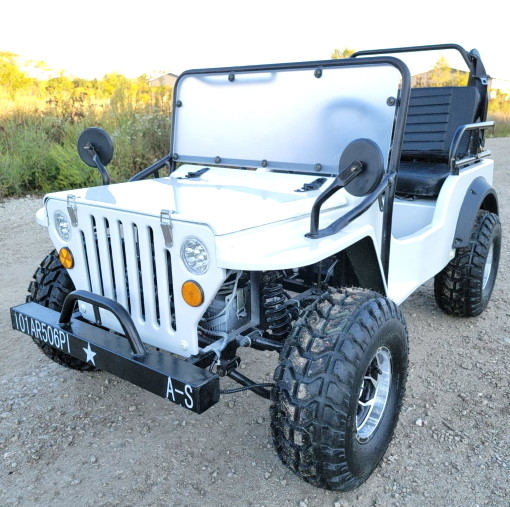 White Mini Gas Golf Cart Jeep ELITE Edition Lifted With Custom Rims And Fender Flares