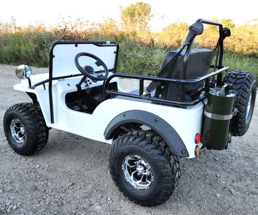 White Mini Gas Golf Cart Jeep ELITE Edition Lifted With Custom Rims And Fender Flares