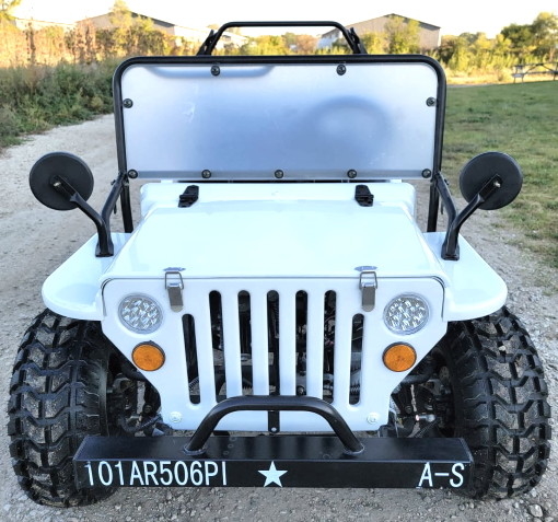 White Mini Gas Golf Cart Jeep ELITE Edition Lifted With Custom Rims And Fender Flares